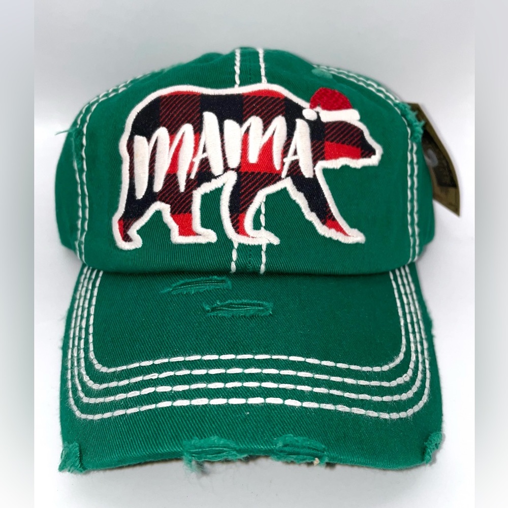 Women’s Green & Buffalo Plaid “Mama” Santa Bear Baseball Cap